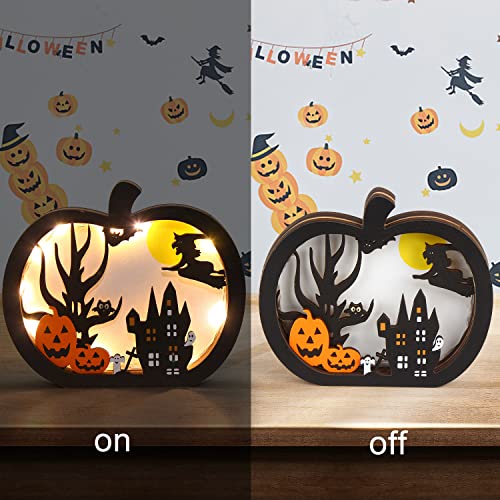 SULOLI Halloween Wooden Lighted Pumpkin for Tabletop, 2pcs Light Up Pumpkin Ghost Lamp Lantern Shadow Box Halloween Table Decorations Ornament