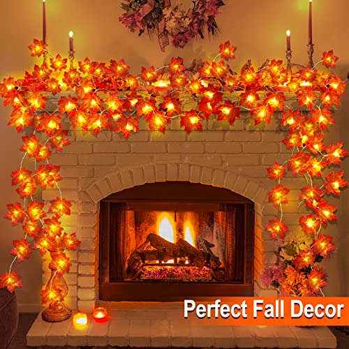 [Timer] 2 Pack Fall Garland Total 20Ft 40 LED, Thick Maple Leaves Lifelike Garland Fall String Lights Battery Operated Thanksgiving Fall Halloween Decorations for Home Mantle Autumn Indoor Outdoor