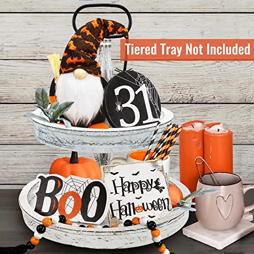 Halloween Decor - Halloween Decorations - BOO Happy Halloween Wooden Signs - Cute Gnomes Plush and Bead Garland - Farmhouse Rustic Tiered Tray Decor Items for Home Table House Room