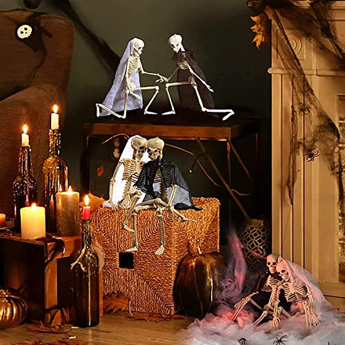 Halloween Skeletons, Full Body Posable Joints Skeletons for Decoration Bride Groom Halloween Party Favors Haunted House Accessories Indoor Outdoor Spooky Scene（2PCS）