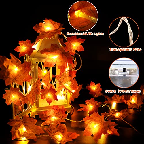 [Timer] 2 Pack Fall Garland Total 20Ft 40 LED, Thick Maple Leaves Lifelike Garland Fall String Lights Battery Operated Thanksgiving Fall Halloween Decorations for Home Mantle Autumn Indoor Outdoor