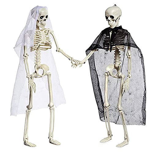 Halloween Skeletons, Full Body Posable Joints Skeletons for Decoration Bride Groom Halloween Party Favors Haunted House Accessories Indoor Outdoor Spooky Scene（2PCS）