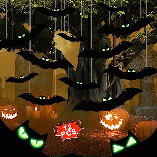 Halloween Bats Decoration,12PCS DIY Halloween Decorations Outdoor Indoor Scary Bats with Glowing Eyes Realistic Spooky Hanging Bat Decor Party Supplies Props for Haunted House Yard Tree Wall(3 Sizes)