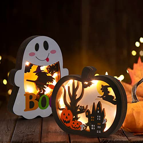 SULOLI Halloween Wooden Lighted Pumpkin for Tabletop, 2pcs Light Up Pumpkin Ghost Lamp Lantern Shadow Box Halloween Table Decorations Ornament