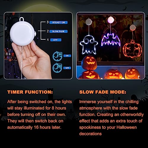 LOLStar Halloween Decorations 3 Pack Orange Pumpkin, White Ghost, Purple Bat Halloween Window Lights with Suction Cup, Battery Operated Halloween Lights, 2023 Upgrade Slow Fade and Mode Timer Function