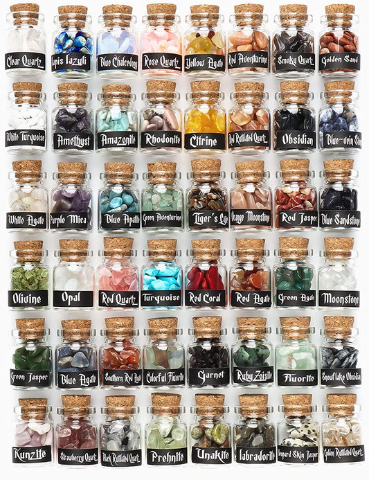 48 PCS Gemstone Bottles Chips Crystal for Witchcraft, Chakra Healing Crystal Gift, Various Gemstones in Bottle for Home Décor & Collection, Tumbled Gem Reiki Wicca Stones Gift Set