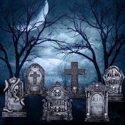 Halloween Decorations Outdoor Graveyard Tombstones: 6ct Large Tombstones Halloween Decor Yard Signs with Stakes, 16" Tall Realistic Scary Skeleton RIP Gravestones Yard Lawn Outside for Kids Home Party