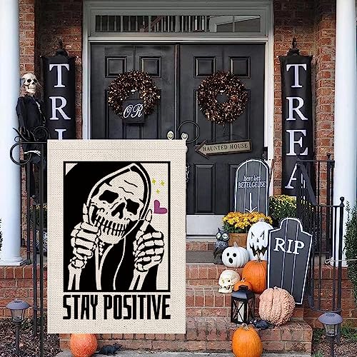 Halloween Garden Flag Stay Positive Vertical Double Sided Skeleton Halloween Holiday Yard Lawn Home Outdoor Decor 12.5x18 Inch