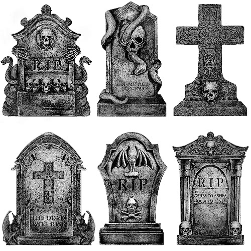 Halloween Decorations Outdoor Graveyard Tombstones: 6ct Large Tombstones Halloween Decor Yard Signs with Stakes, 16" Tall Realistic Scary Skeleton RIP Gravestones Yard Lawn Outside for Kids Home Party