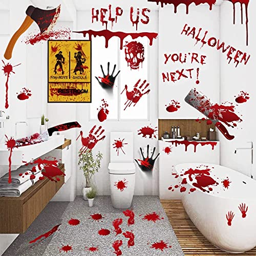 Scary Halloween Decorations,Bloody Handprints Footprints Skull for Halloween Party Decoration, Horror Bathroom Restroom Decor with Blood Splatter Zombie Vampire Spooky Sticker