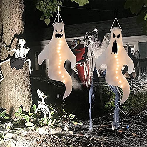 Halloween Ghost Windsock Hanging Decorations, 2 Pcs 32 Inch Outdoor White Ghost Halloween Tree Flag Windsock Spooky Ghost for Halloween Outdoor Lawn Decor Tree Pilar Decorations, Ghost Party Supplies