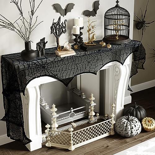 AerWo Halloween Decoration Black Lace Spiderweb Fireplace Mantle Scarf Cover Festive Party Supplies 45 X 243cm 18 x 96 inch