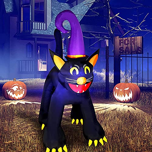 MorTime Halloween Inflatable Black Cat, Lighted Halloween Blow Up Prop with LED Lights, Giant Black Cat Halloween Decorations for Outdoor Yard Lawn Garden Party Décor (6.4 FT Black Cat with Witch Hat)