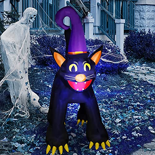 MorTime Halloween Inflatable Black Cat, Lighted Halloween Blow Up Prop with LED Lights, Giant Black Cat Halloween Decorations for Outdoor Yard Lawn Garden Party Décor (6.4 FT Black Cat with Witch Hat)