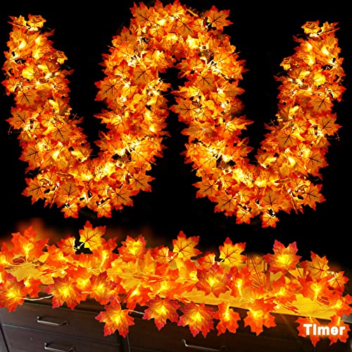 [Timer] 2 Pack Fall Garland Total 20Ft 40 LED, Thick Maple Leaves Lifelike Garland Fall String Lights Battery Operated Thanksgiving Fall Halloween Decorations for Home Mantle Autumn Indoor Outdoor