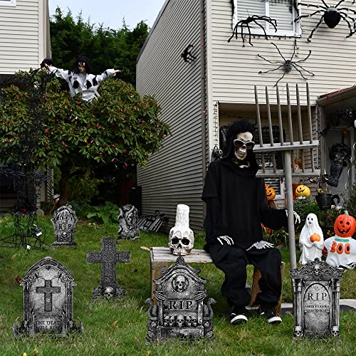 Halloween Decorations Outdoor Graveyard Tombstones: 6ct Large Tombstones Halloween Decor Yard Signs with Stakes, 16" Tall Realistic Scary Skeleton RIP Gravestones Yard Lawn Outside for Kids Home Party