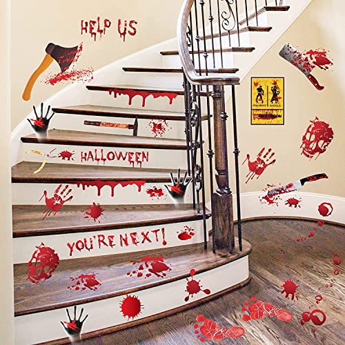 Scary Halloween Decorations,Bloody Handprints Footprints Skull for Halloween Party Decoration, Horror Bathroom Restroom Decor with Blood Splatter Zombie Vampire Spooky Sticker