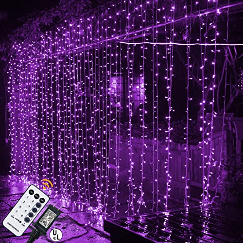 MAGGIFT 304 LED Curtain String Lights, 9.8 x 9.8 ft, 8 Modes Plug in Halloween Fairy Light with Remote Control, Christmas, Backdrop for Indoor Outdoor Bedroom Window Wedding Party Decoration, Purple