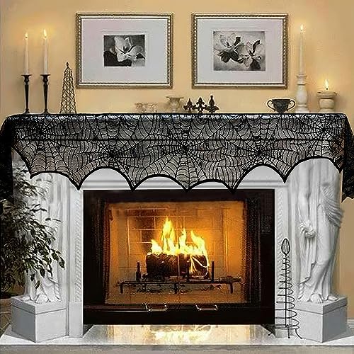 AerWo Halloween Decoration Black Lace Spiderweb Fireplace Mantle Scarf Cover Festive Party Supplies 45 X 243cm 18 x 96 inch