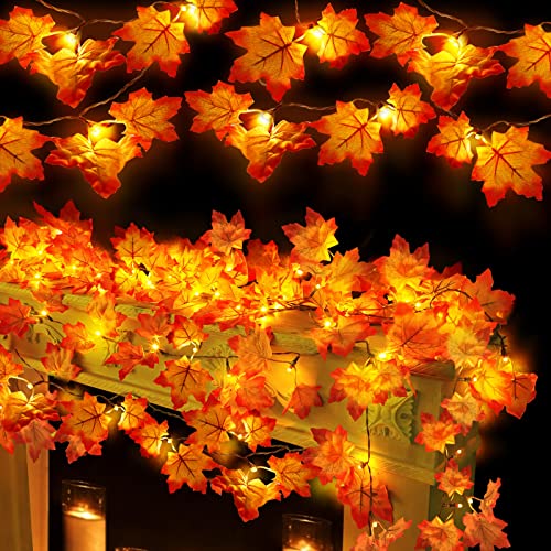 [Timer] 2 Pack Fall Garland Total 20Ft 40 LED, Thick Maple Leaves Lifelike Garland Fall String Lights Battery Operated Thanksgiving Fall Halloween Decorations for Home Mantle Autumn Indoor Outdoor