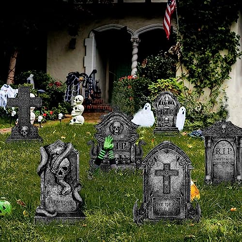 Halloween Decorations Outdoor Graveyard Tombstones: 6ct Large Tombstones Halloween Decor Yard Signs with Stakes, 16" Tall Realistic Scary Skeleton RIP Gravestones Yard Lawn Outside for Kids Home Party