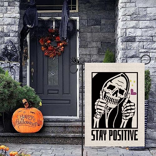 Halloween Garden Flag Stay Positive Vertical Double Sided Skeleton Halloween Holiday Yard Lawn Home Outdoor Decor 12.5x18 Inch