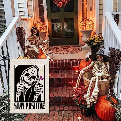 Halloween Garden Flag Stay Positive Vertical Double Sided Skeleton Halloween Holiday Yard Lawn Home Outdoor Decor 12.5x18 Inch