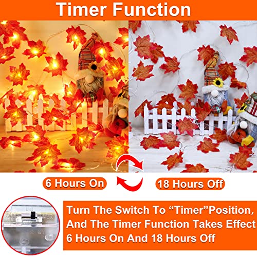 [Timer] 2 Pack Fall Garland Total 20Ft 40 LED, Thick Maple Leaves Lifelike Garland Fall String Lights Battery Operated Thanksgiving Fall Halloween Decorations for Home Mantle Autumn Indoor Outdoor