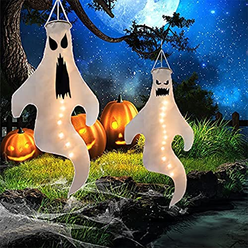 Halloween Ghost Windsock Hanging Decorations, 2 Pcs 32 Inch Outdoor White Ghost Halloween Tree Flag Windsock Spooky Ghost for Halloween Outdoor Lawn Decor Tree Pilar Decorations, Ghost Party Supplies