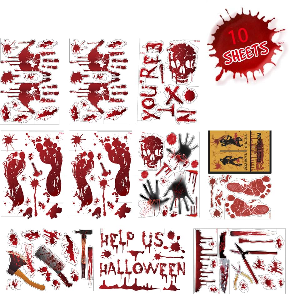 Scary Halloween Decorations,Bloody Handprints Footprints Skull for Halloween Party Decoration, Horror Bathroom Restroom Decor with Blood Splatter Zombie Vampire Spooky Sticker