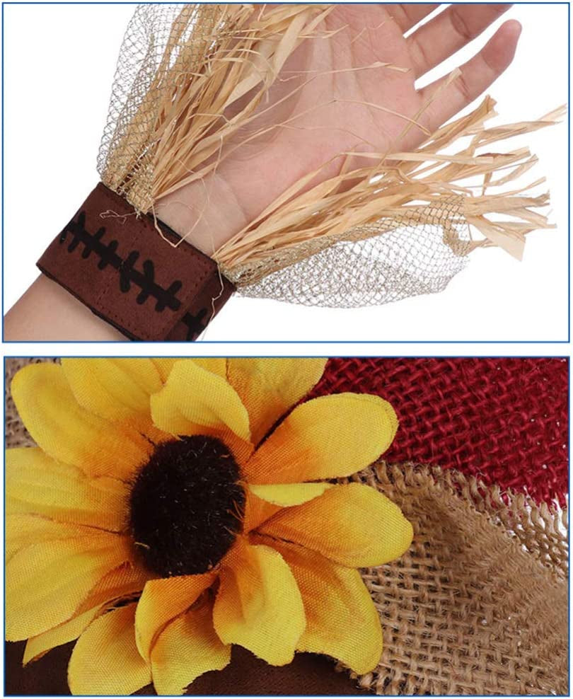 4Pcs Halloween Flower Straw Hat Wristband Necklace Headband Decoration, Scarecrow Costume Set for Party Cosplay