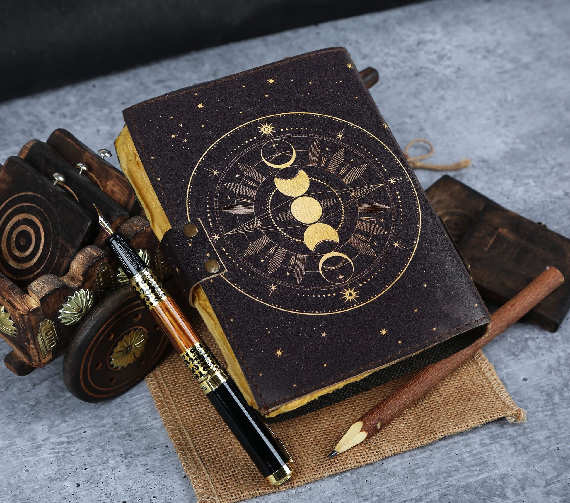 Celestial Sun & Moon Handmade Vintage Leather Journal • Deckle Edge Paper, Blank Spell Book of Shadows Grimoire Journal, Gift for Him Her Moon Phase Totem Talisman Prints (8X6)