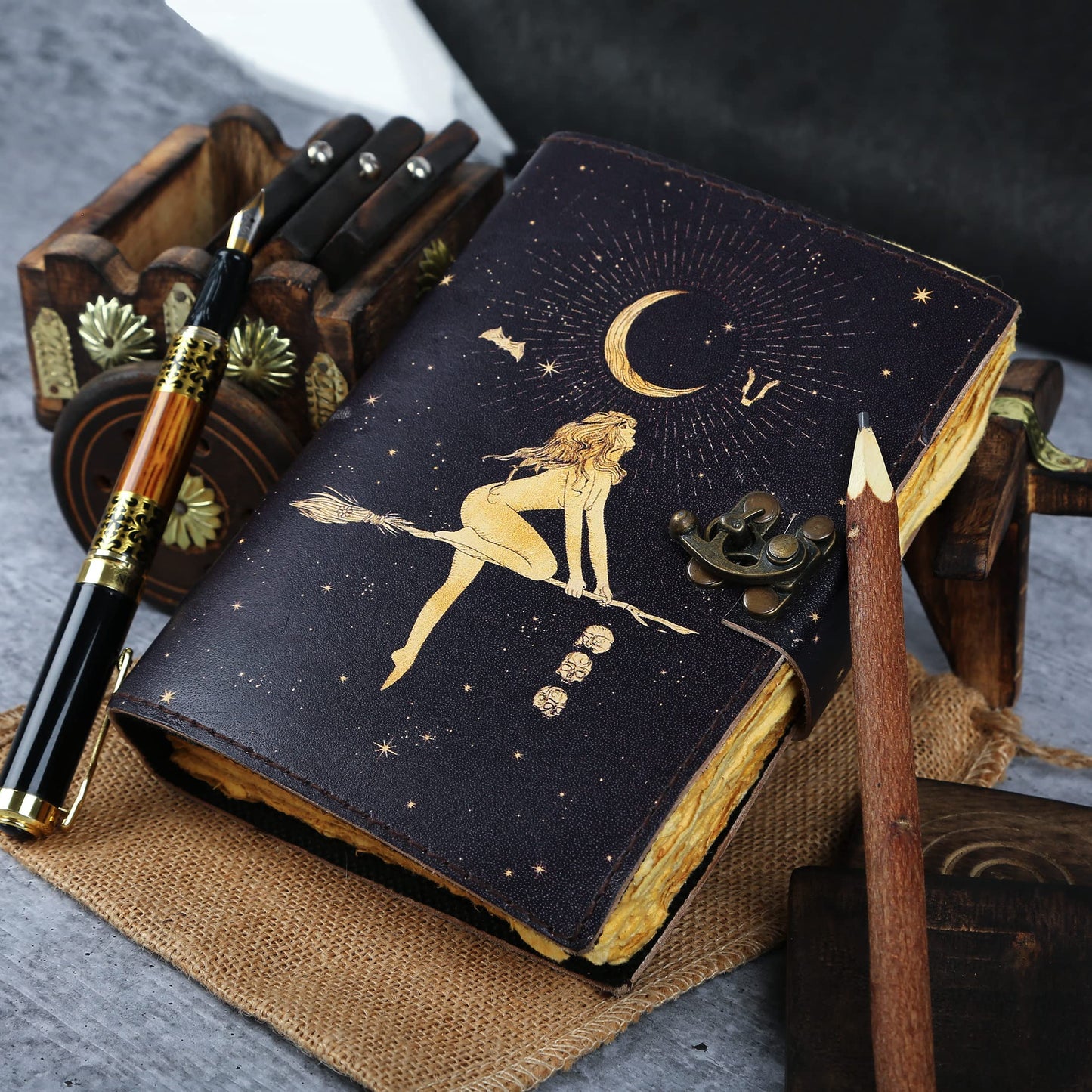 Celestial Sun & Moon Handmade Vintage Leather Journal • Deckle Edge Paper, Blank Spell Book of Shadows Grimoire Journal, Gift for Him Her Moon Phase Totem Talisman Prints (8X6)