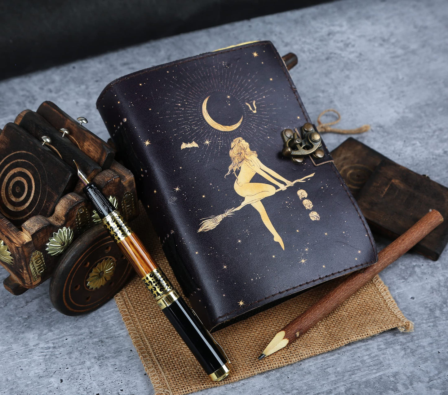 Celestial Sun & Moon Handmade Vintage Leather Journal • Deckle Edge Paper, Blank Spell Book of Shadows Grimoire Journal, Gift for Him Her Moon Phase Totem Talisman Prints (8X6)