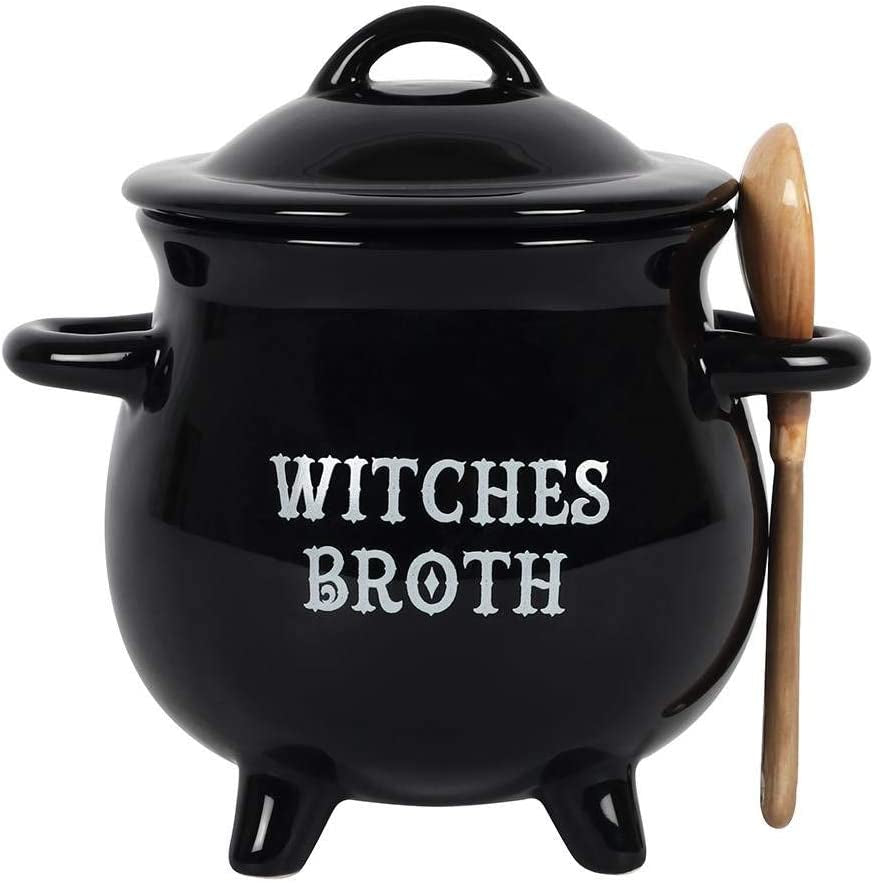 Witches Broth Cauldron Ceramic Bowl with Broom Spoon