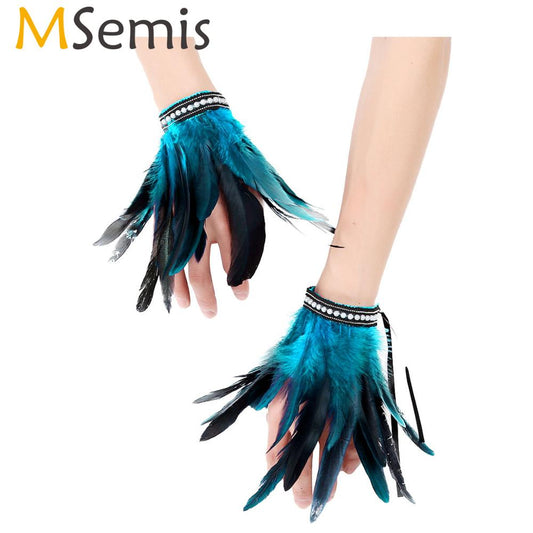 MSemis 1 Pair Feather Wrist Cuffs  Faux Pearl/Lace Real Decor Natural Dyed Rooster Feather Arm Cuffs Halloween Party Costume