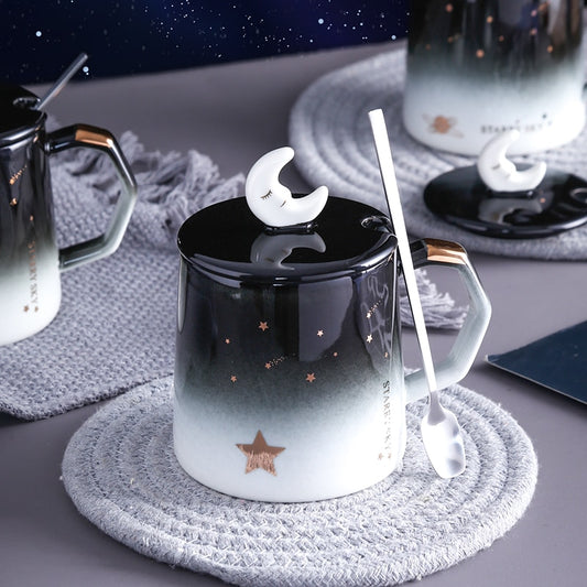 Creative Star Mug Individual Trend Ceramic Water Cup Nordic Milk Coffee Tea Cup with Lid Spoon