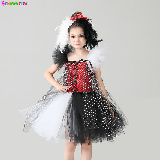 Evil Madame Cruella De Ville Kids Tutu Costume Dalmatians Girls Halloween Fancy Tutu Dress with Headband Polka Dot Girl Outfit