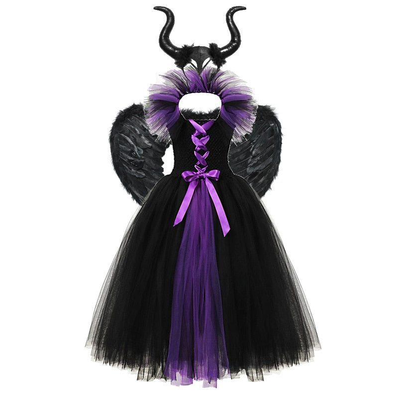 VOGUEON Girl Witch 2 Tutu Dress with Horns Halloween Evil Queen Fairy Costume for Girls Kids Party Dress Children Clothes 2-12T