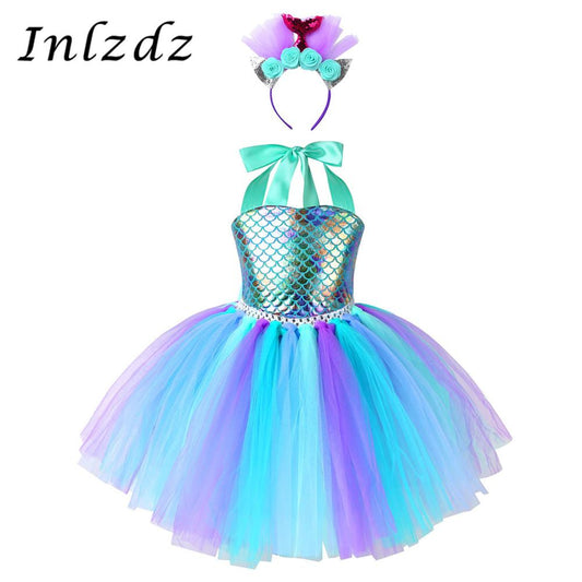 Kids Girls Mermaid Costume Outfit Halter Neck Fish Scales Printed Mesh Tutu Dress with Hair Hoop for Halloween Carnival Cosplay