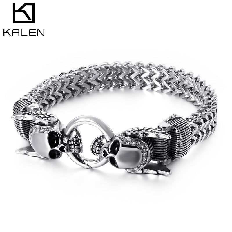 Kalen Gothic Halloween  23cm Chunky Mesh Chain Bracelet For Men Punk Skull Charm Bracelet Stainless Steel Skeleton Accessories J