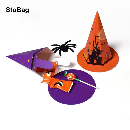 StoBag 20pcs New Hat Shape Candy Packaging Paper Box Orange/Blue Halloween Decoration Event & Party Favour Kids For Home