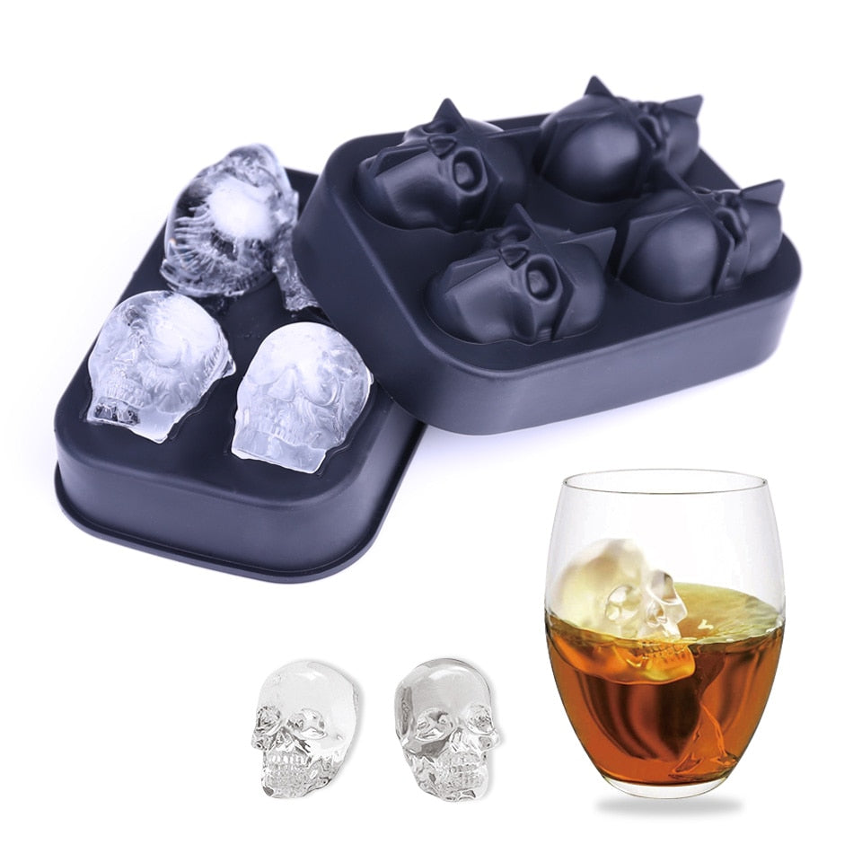 Creative 4-Cavity Silicone Skull Ice Cube Maker 3D Mold Halloween Skull Shaped Whisky Wine Form For Ice Tray Cream Baking Model