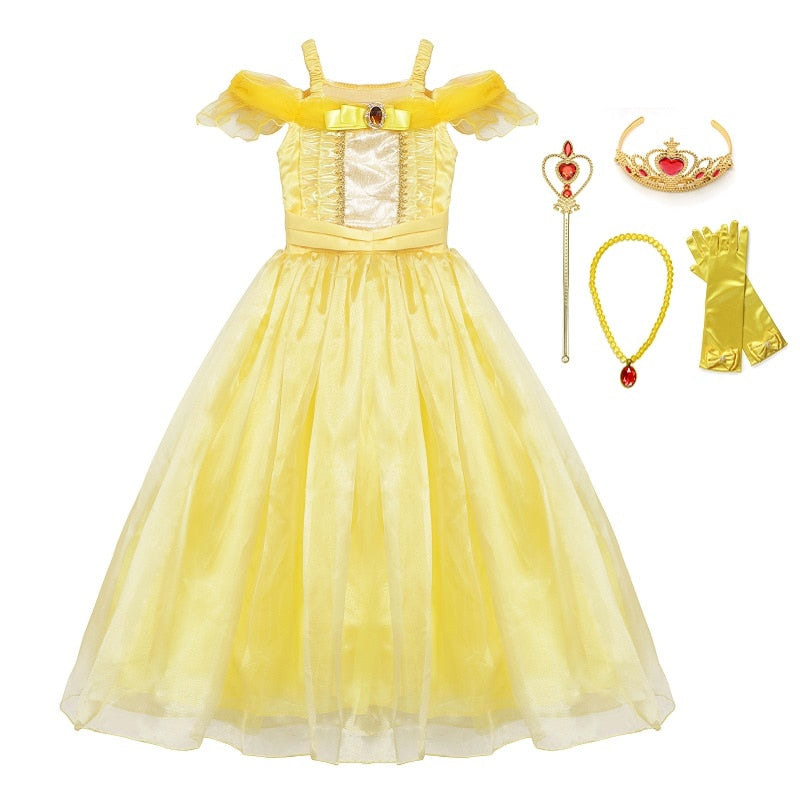 VOGUEON Girls Princess Belle Party Dress Beauty and The Beast Kids Dress up Halloween Cosplay Costume Little Girl Prom Clothing