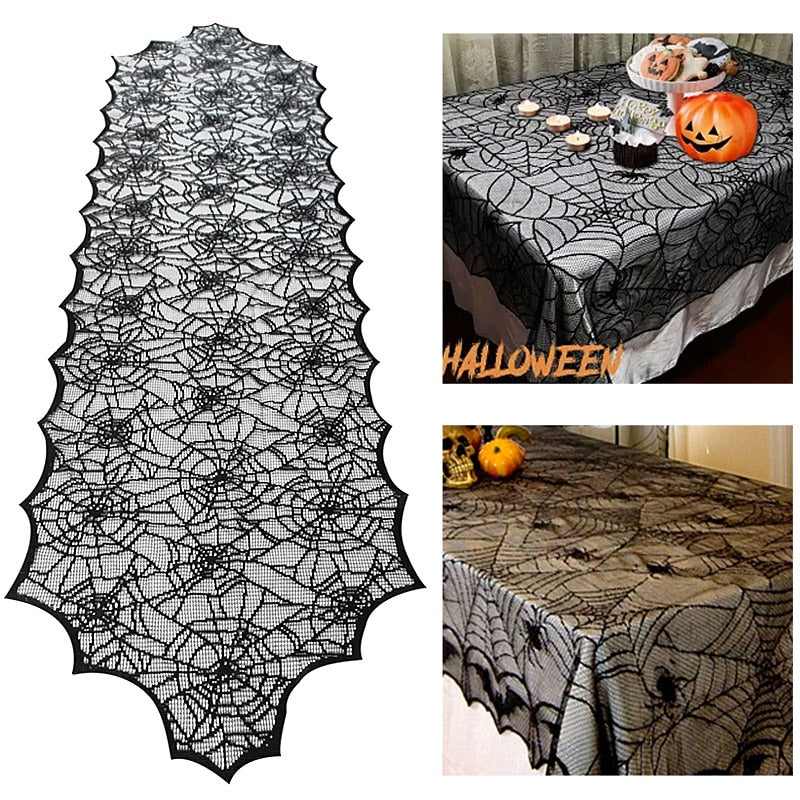 Halloween Decoration Lace Spider Web Skeleton Skull Tablecloth Black Fireplace Mantel Scarf Event Party Decoration Supplies