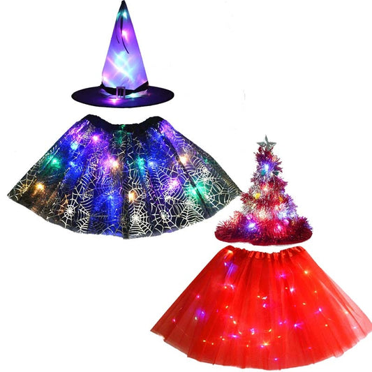 Adult Kids Light Up Witch Hat Spider Web Cobweb Skirt Party LED Princess Christmas Tree Costume Magic Wand Festival Halloween