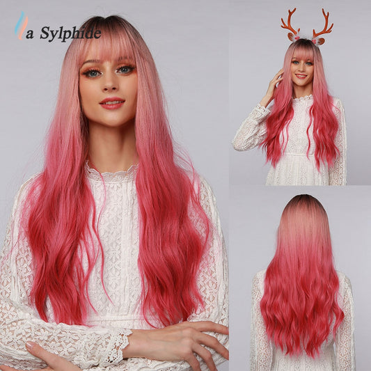 La Sylphide Synthetic Hair Wigs Cosplay Wig Long Wave Root Black Ombre Pink for Woman Heat Resistant Fiber Daily Party Wig