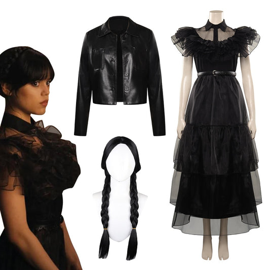 Wednesday Addams Wednesday Cosplay Costume Wig Coat Outfits Halloween Carnival Party Suit For Women Girls Disguise