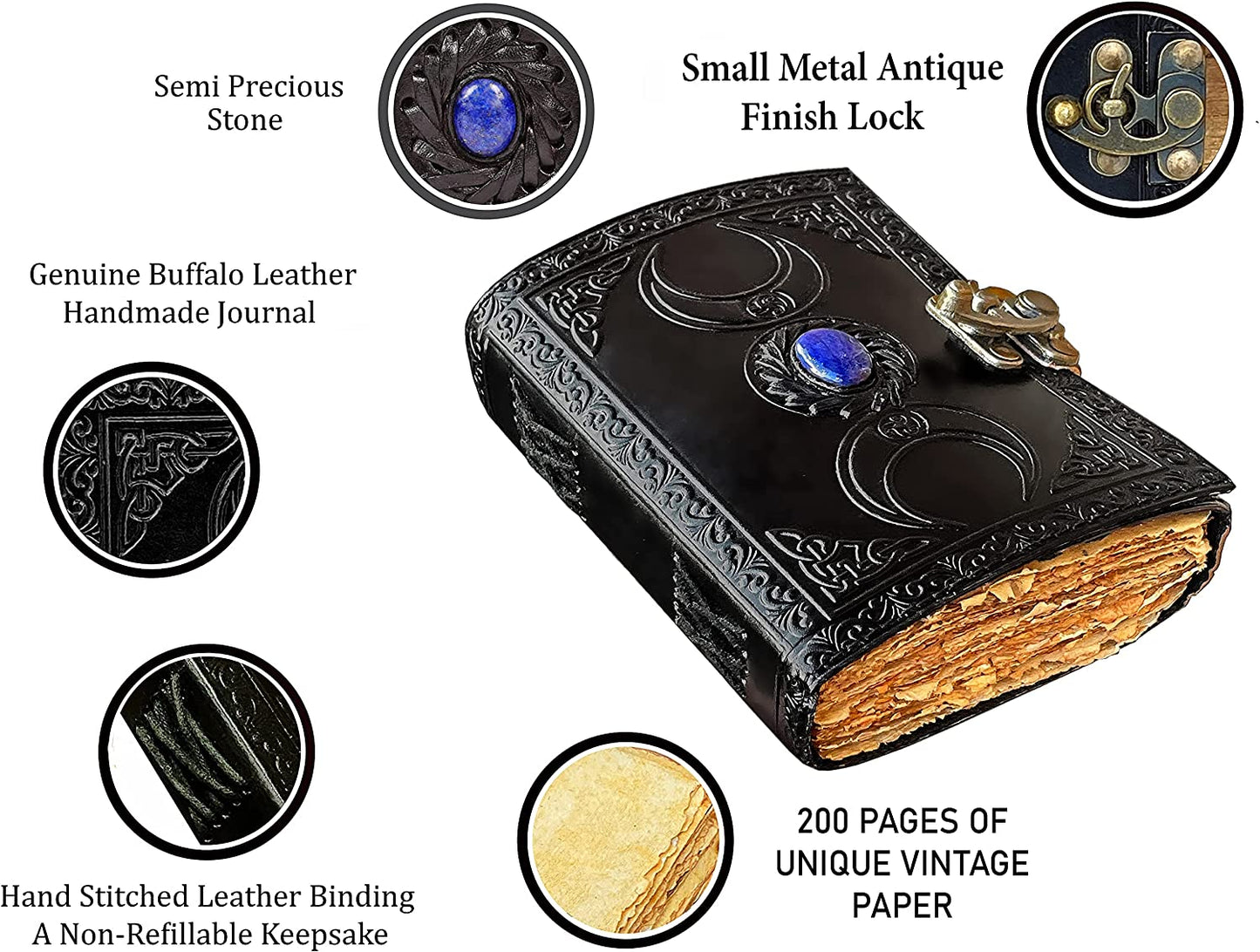 Large Leather Journal for Women Handmade Witch Stone Triple Moon New Embossed Vintage Journal Antique Rustic Deckle Paper 9X6 Inches, Grimoire Journal, Book of Shadows, Sketchbook & Writing Notebook