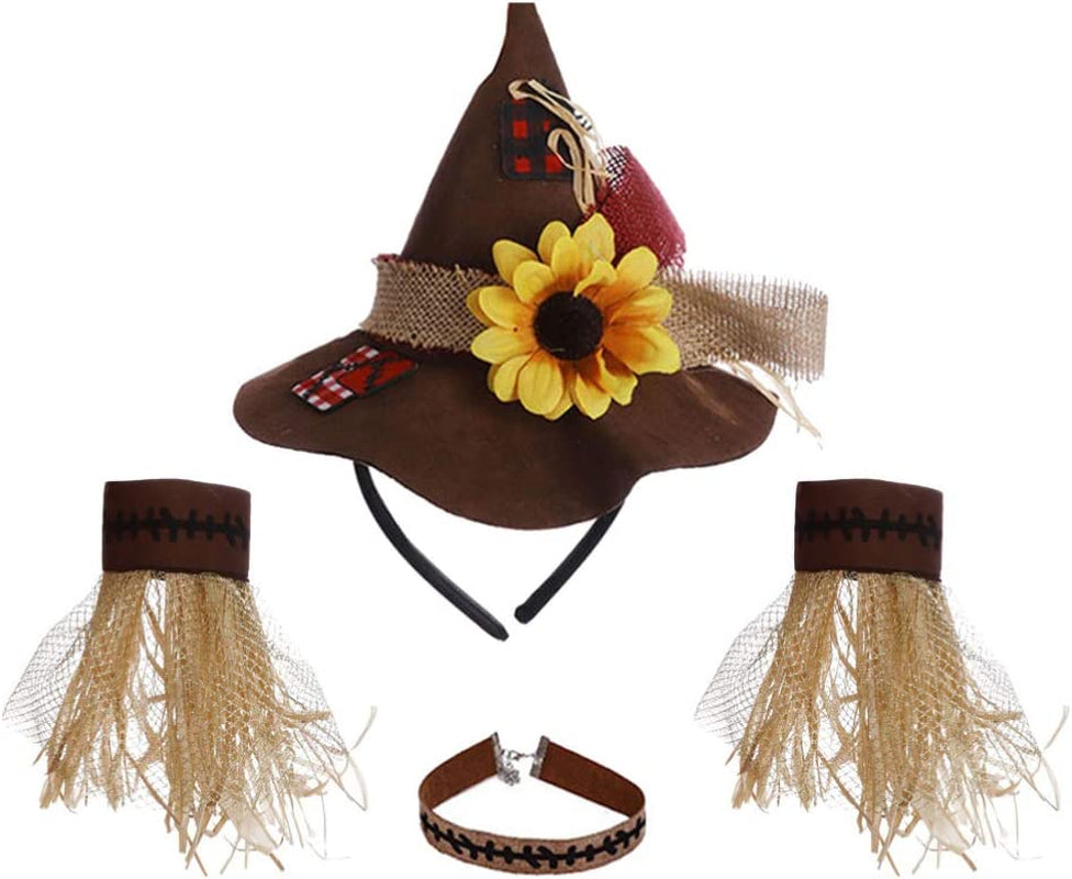 4Pcs Halloween Flower Straw Hat Wristband Necklace Headband Decoration, Scarecrow Costume Set for Party Cosplay